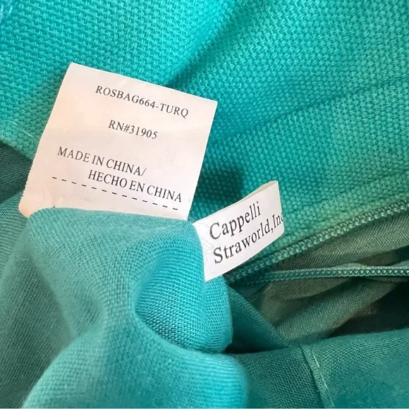 CAPPELLI STRAWORLD Turquoise Crochet Toyo Straw Wooden Grip Satchel Tote Handbag - Picture 8 of 11